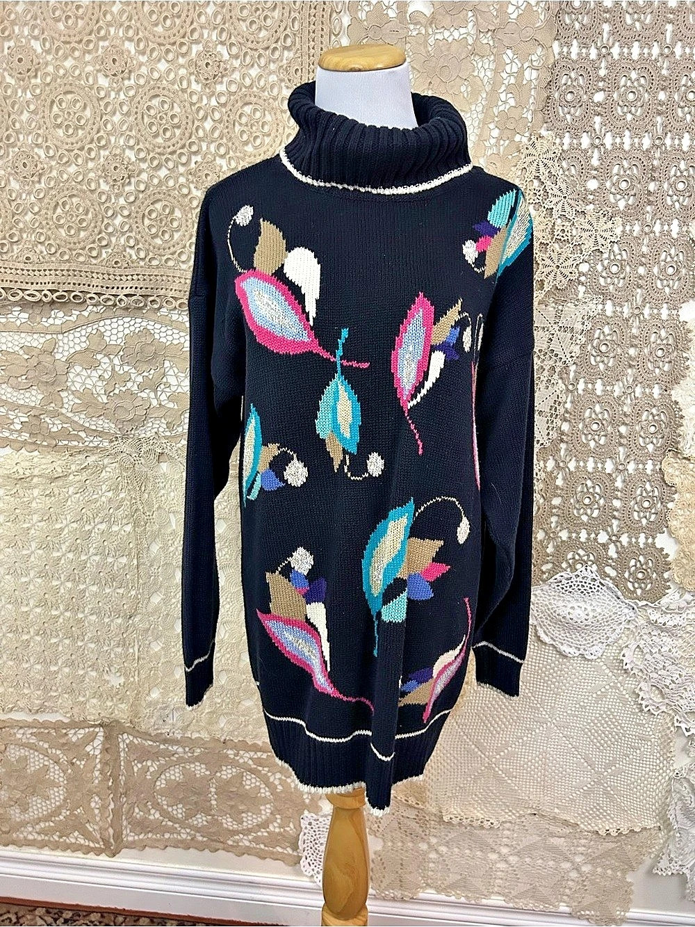 Vintage 80s Jeanne Pierre Women's Abstract Knit Turtleneck Large